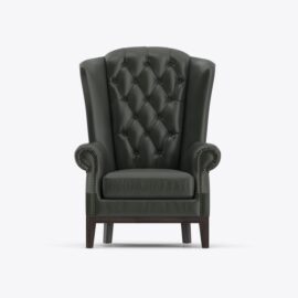 Dark leather wingback chair with tufted design.