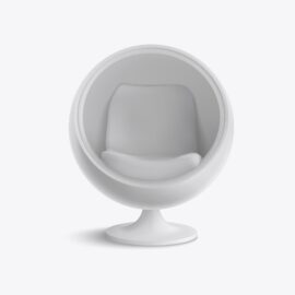 White spherical chair with cushion inside.