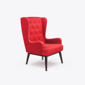 Red wingback chair with tufted upholstery.