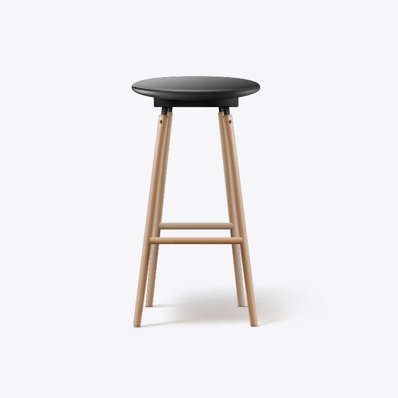 Wooden stool with black round seat.