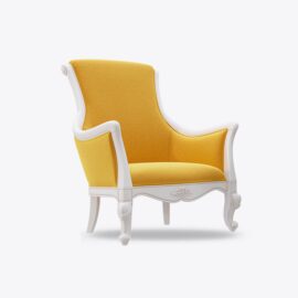 Yellow upholstered armchair with white wooden frame.