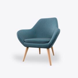 Blue modern armchair with wooden legs.