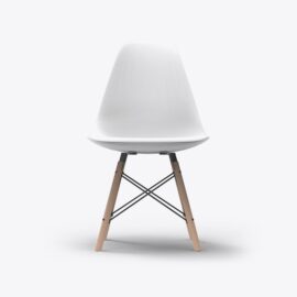 White modern chair with wooden legs.